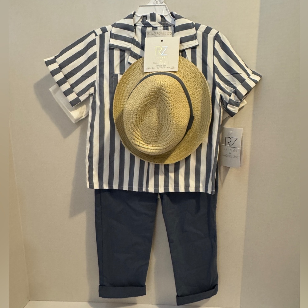 Rachel Zoe Striped Collared Shirt, Tee and Pants Set with Matching Straw Hat 3T